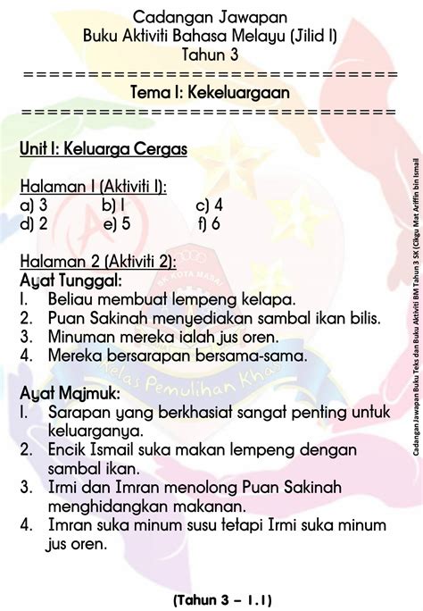 Cadangan Jawapan Buku Aktiviti Tahun 3 (Tema 1) .